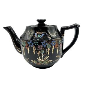 Blackstone Japanese Teapot Redware handpainted black with gold trim Vintage